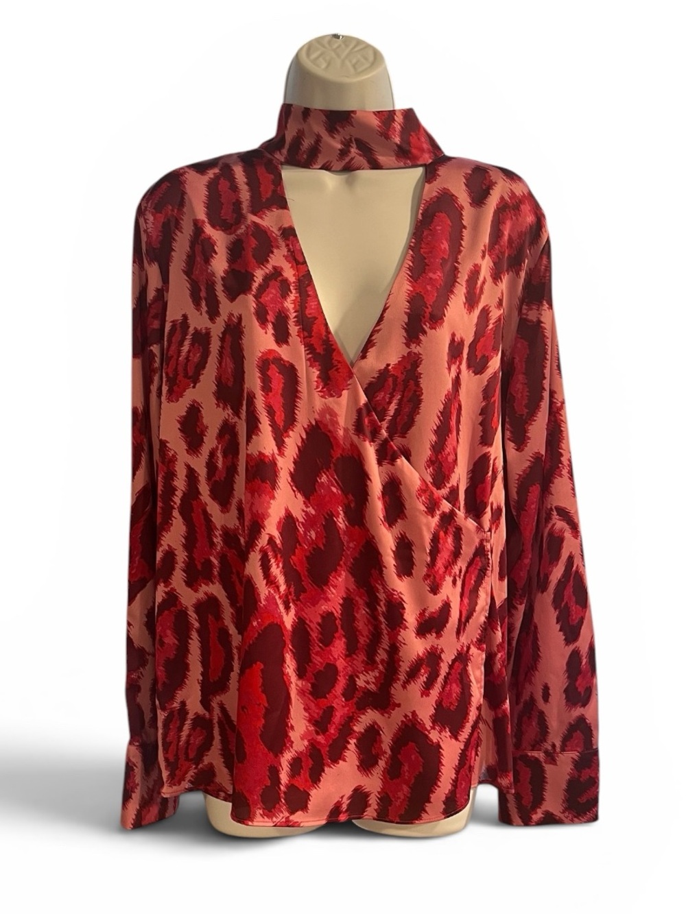 Bold Elements Satin Leopard Print Wrap Top w/ Choker Neck Pink Red Blouse Size L